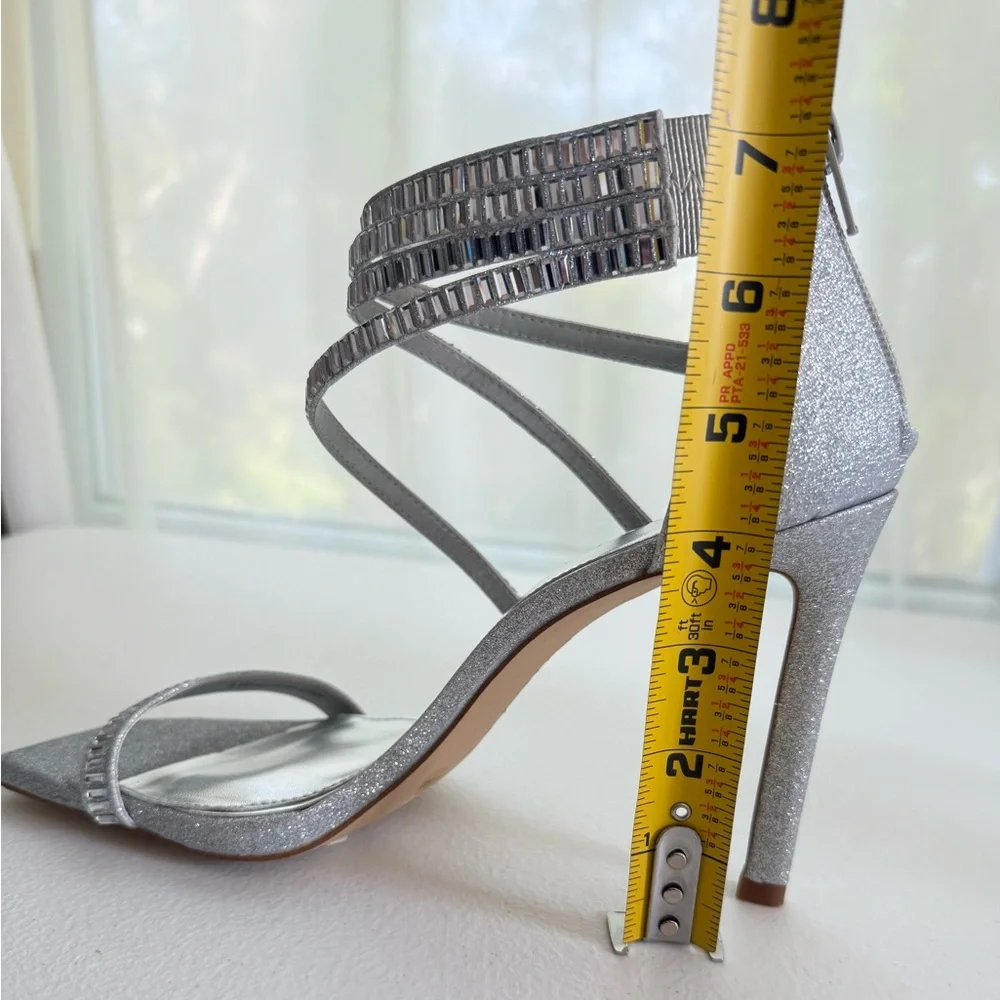 GIANNI BINI Silver Glitter Heels Women Strappy Rhinestone Sandals Size 9.5
